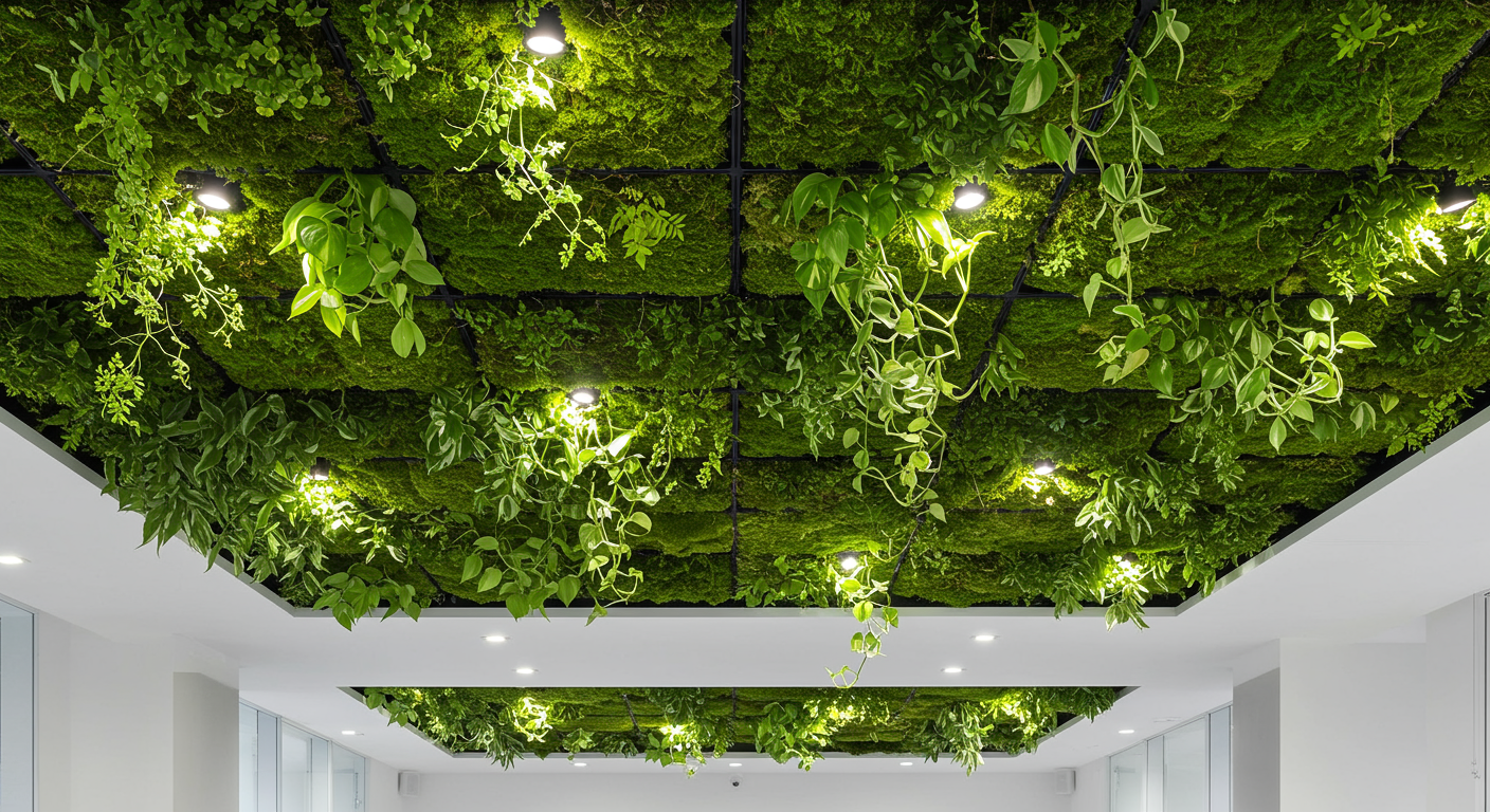 Canlı tavan (living ceiling) ve bitki panelli uygulama